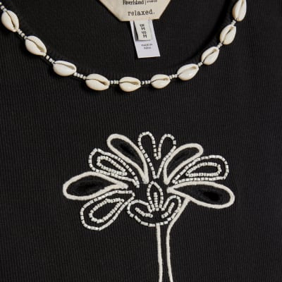 Black Cutwork Palm Tree Ribbed Vest Top