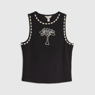 Black Cutwork Palm Tree Ribbed Vest Top