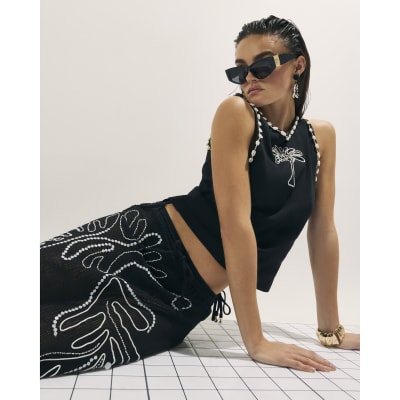 Black Cutwork Palm Tree Ribbed Vest Top