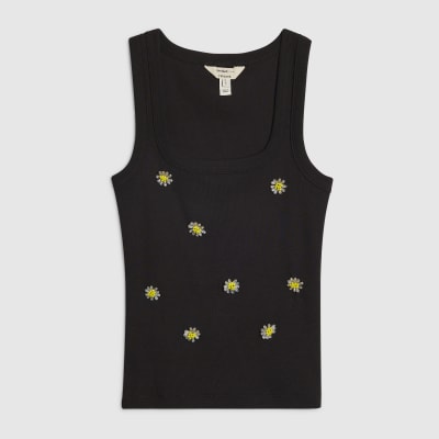 Black Daisy Embellished Tank Top