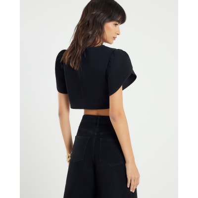 Black Denim Button Up Crop Top