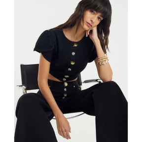 Black Denim Button Up Crop Top