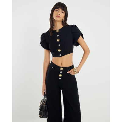 Black Denim Button Up Crop Top