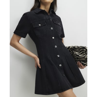 Black Denim Pleat Front Mini Dress