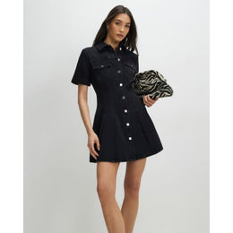 Black Denim Pleat Front Mini Dress