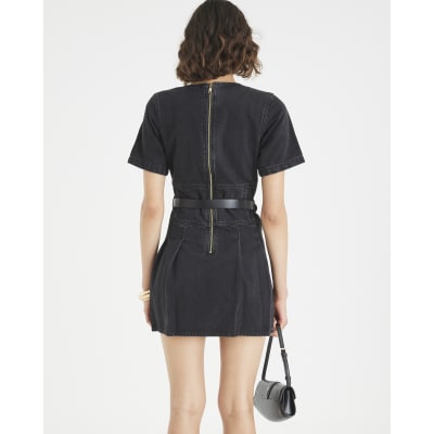 Black Denim Short Sleeve Pleated Mini Dress