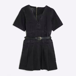 Black Denim Short Sleeve Pleated Mini Dress