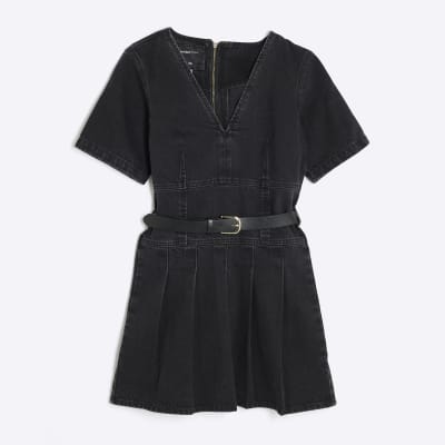 Black Denim Short Sleeve Pleated Mini Dress