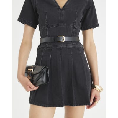 Black Denim Short Sleeve Pleated Mini Dress