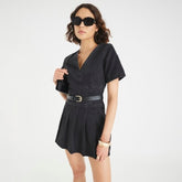 Black Denim Short Sleeve Pleated Mini Dress