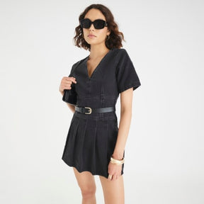 Black Denim Short Sleeve Pleated Mini Dress