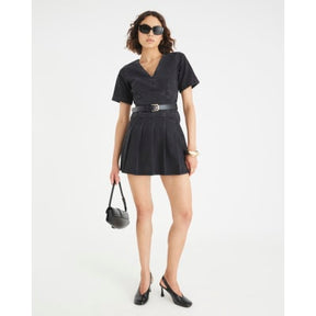 Black Denim Short Sleeve Pleated Mini Dress