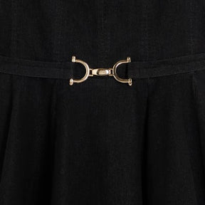 Black Denim Sleeveless Belted Skater Dress