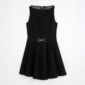 Black Denim Sleeveless Belted Skater Dress