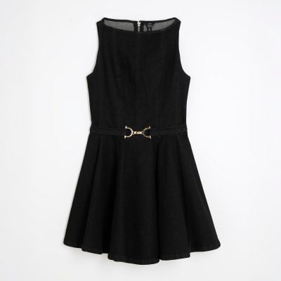 Black Denim Sleeveless Belted Skater Dress
