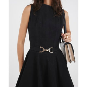 Black Denim Sleeveless Belted Skater Dress