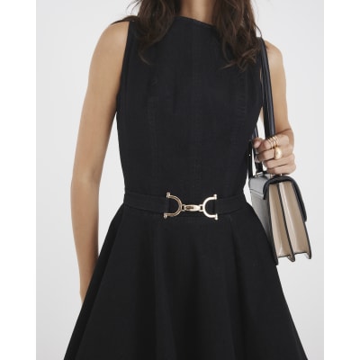 Black Denim Sleeveless Belted Skater Dress