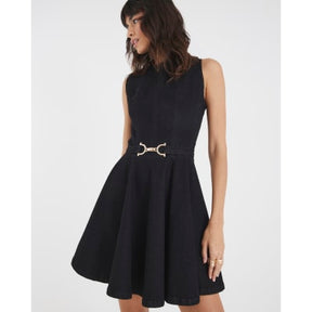Black Denim Sleeveless Belted Skater Dress