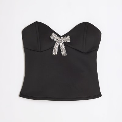 Black Diamante Bow Bandeau Top