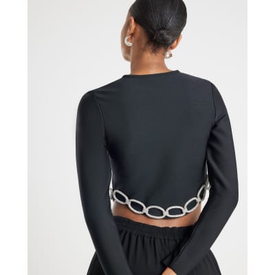 Black Diamante Chain Detail Cropped Top