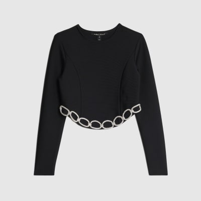 Black Diamante Chain Detail Cropped Top