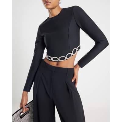 Black Diamante Chain Detail Cropped Top
