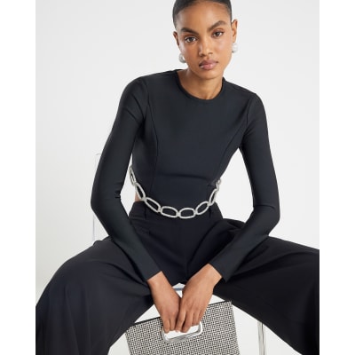 Black Diamante Chain Detail Cropped Top