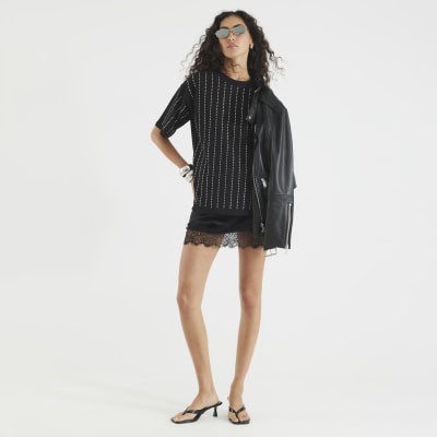 Black Diamante Embellished T-Shirt