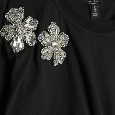 Black Diamante Floral Cinched T-Shirt