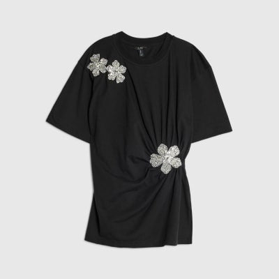 Black Diamante Floral Cinched T-Shirt
