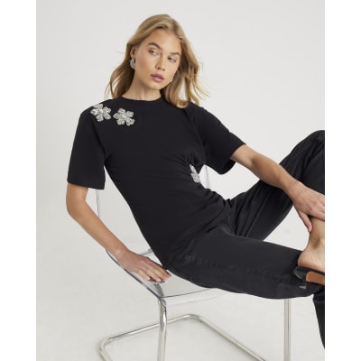 Black Diamante Floral Cinched T-Shirt