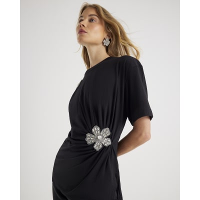 Black Diamante Floral Cinched T-Shirt