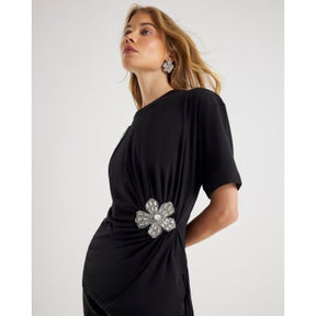 Black Diamante Floral Cinched T-Shirt