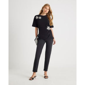 Black Diamante Floral Cinched T-Shirt