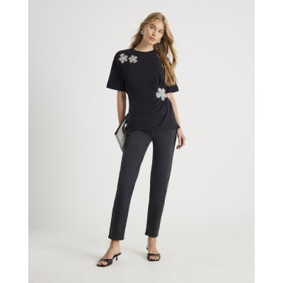 Black Diamante Floral Cinched T-Shirt