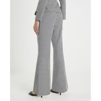 Black Dogtooth Print Flared Trousers