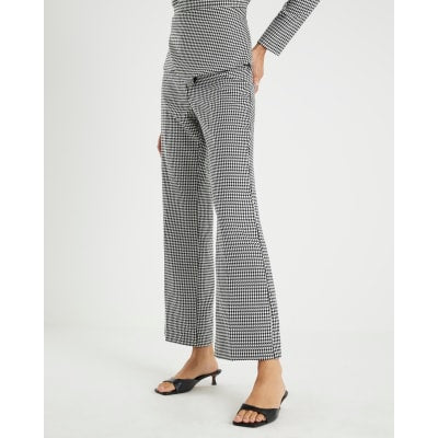 Black Dogtooth Print Flared Trousers