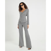 Black Dogtooth Print Flared Trousers