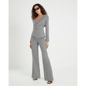 Black Dogtooth Print Flared Trousers