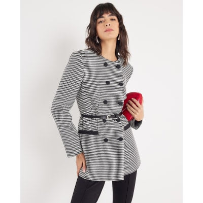 Black Dogtooth Print Structured Blazer