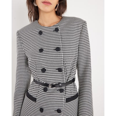 Black Dogtooth Print Structured Blazer