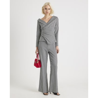 Black Dogtooth Wrap Asymmetric Top