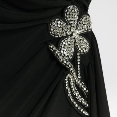 Black Drape Floral Trimmed Midi Dress