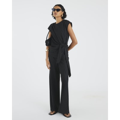 Black Drawstring Pinstripe Trousers