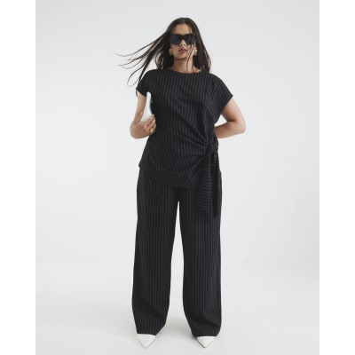 Black Drawstring Pinstripe Trousers