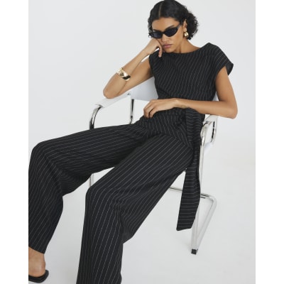 Black Drawstring Pinstripe Trousers