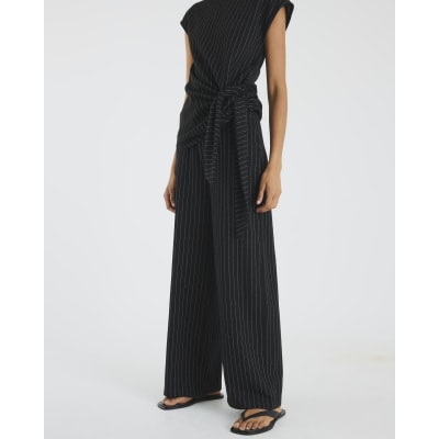 Black Drawstring Pinstripe Trousers