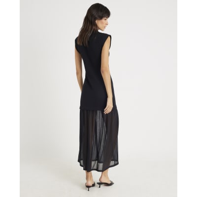 Black Drop Waist Ribbed Hybrid Midi Dress