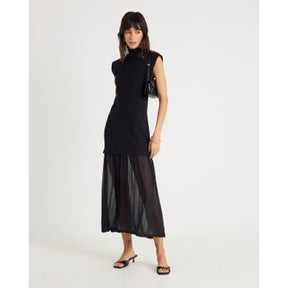 Black Drop Waist Ribbed Hybrid Midi Dress