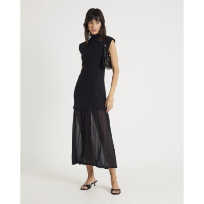 Black Drop Waist Ribbed Hybrid Midi Dress